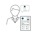 Strichzeichnung eines Arztes mit Informations-Sprechblase und einer Krankenakte mit Checkliste.